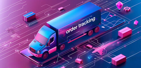Futuristic truck with order tracking system on digital highway surrounded by packages and tech icons. Logistics, shipping efficiency, supply chain management, transportation, online delivery concepts.