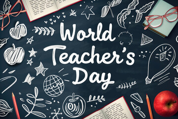 Chalkboard design celebrating World Teacher’s Day with books, apple, and school-related drawings. Education appreciation, teacher gratitude, classroom celebration, educational events.