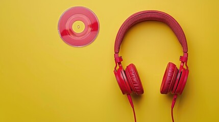 Red headphones pink CD on yellow background from above