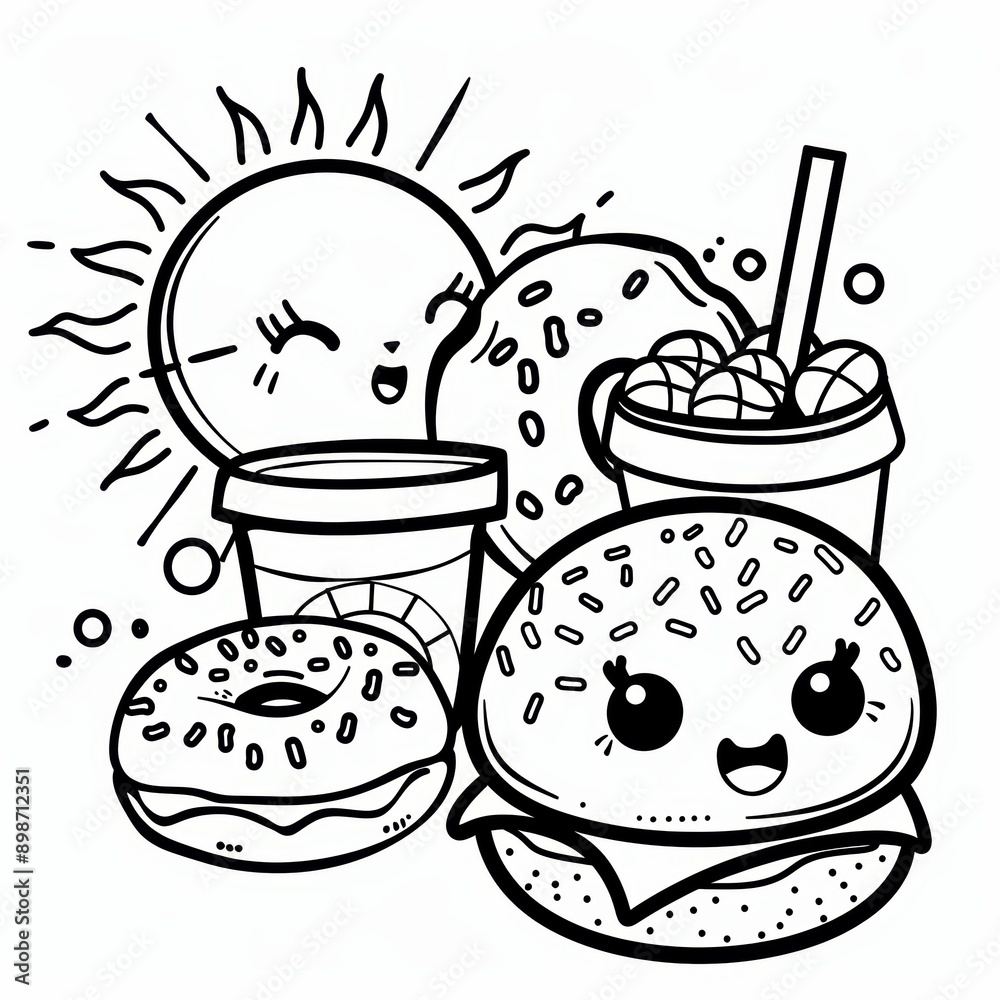 Wall mural a sun, two donuts, a burger, and a cup of drink with straw. coloring book line art design vector ill