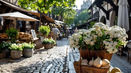 An enchanting image of a charming street market featuring vibrant flowers and fresh produce, set along a cobblestone street with people enjoying a leisurely stroll in the sunlight.