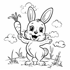 A Happy Bunny Holding a Carrot in a Field. Coloring book line art design vector illustration.