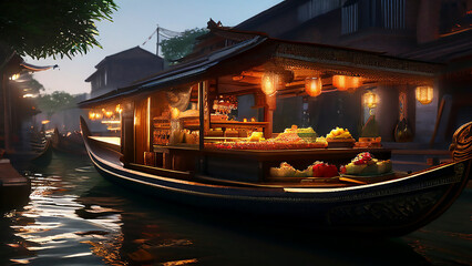 Obraz premium A vibrant scene on a narrow river in Vietnam, where a boat is parked next to a floating market. The market is illuminated by lanterns and offers a variety of fresh fruits and vegetab