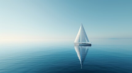 Obraz premium A serene sailboat gliding across calm waters under a bright sky, reflecting tranquility and peacefulness in nature.