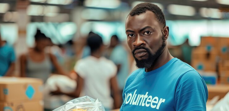 Man volunteering at a community food bank, addressing hunger relief and charity efforts. Non-profit work, community service, social good, volunteering impact, helping the needy.