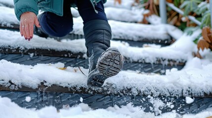 A person wearing durable black and gray boots ascends icy steps, capturing the challenges and resilience required to navigate snow-covered urban areas during winter.