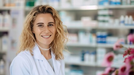 A female pharmacist is seen smiling indoors, wearing a white coat. The background displays neatly arranged pharmacy shelves filled with various medicinal products.