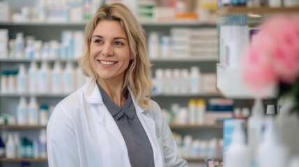 A smiling pharmacist in a white coat standing in a drugstore, surrounded by shelves filled with various pharmaceutical products, providing assistance to customers.