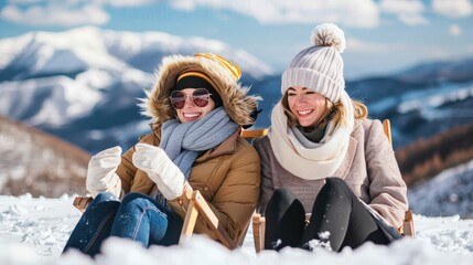 Two women dressed warmly in cozy winter attire are enjoying the snowy outdoors. They sit together, smiling and happy, with mountains and snow in the background.