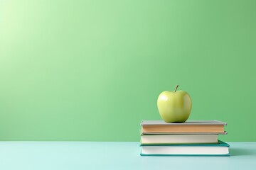 minimal sour green apple on top of books, in the style of bright colored backdrops with copy space above
