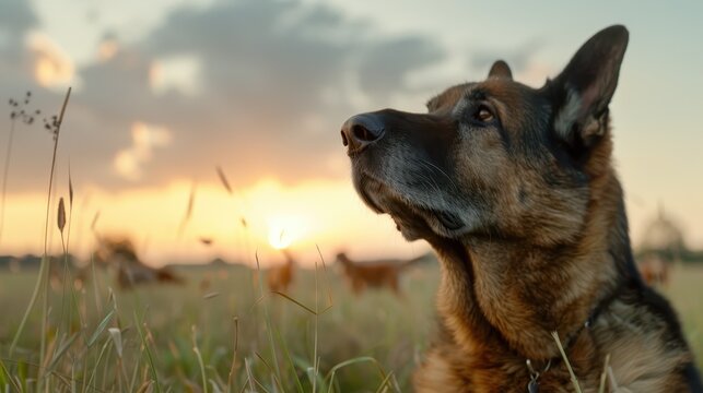 A majestic dog with a serene expression gazes into the distance as the sun sets, casting a warm glow over the field around it, creating a tranquil and peaceful scene.