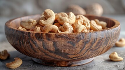 Rustic wooden bowl overflowing with healthy cashew nuts, sitting on a kitchen counter