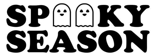 Spooky Season in a Bold Black Font with Two Transparent Ghosts with Black Outlines. Halloween Design. Ghost Graphics. Transparent Background. 