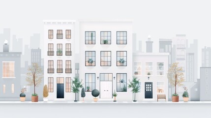 Fototapeta premium Illustration of a minimalist cityscape featuring modern buildings with large windows, potted plants, and a soft pastel color palette.