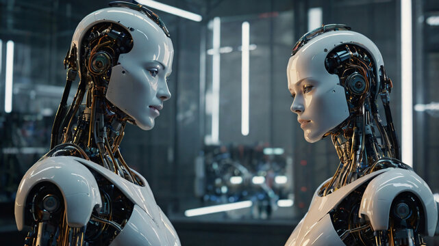 Futuristic art with cyborg existence. AI technology and intelligence progress