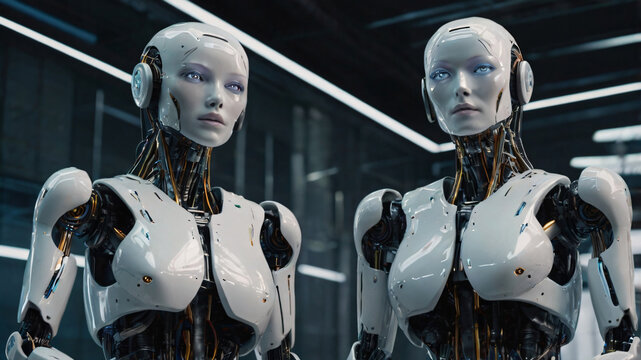 Futuristic art with cyborg existence. AI technology and intelligence progress