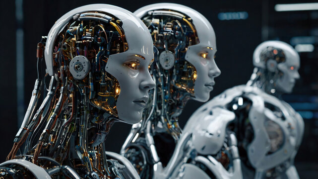 Futuristic art with cyborg existence. AI technology and intelligence progress