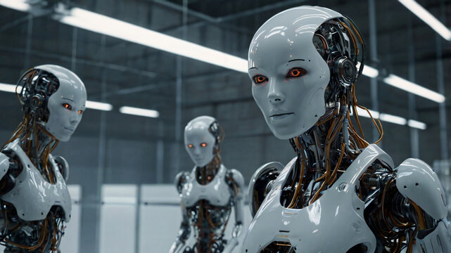 Futuristic art with cyborg existence. AI technology and intelligence progress