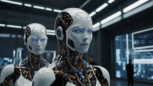 Futuristic art with cyborg existence. AI technology and intelligence progress
