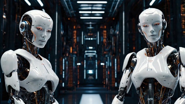 Futuristic art with cyborg existence. AI technology and intelligence progress