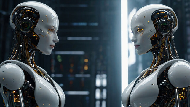Futuristic art with cyborg existence. AI technology and intelligence progress