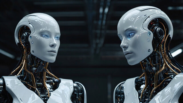 Futuristic art with cyborg existence. AI technology and intelligence progress