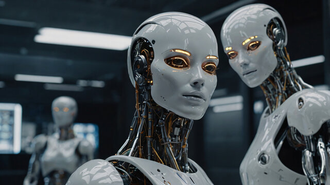 Futuristic art with cyborg existence. AI technology and intelligence progress
