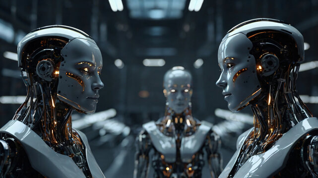 Futuristic art with cyborg existence. AI technology and intelligence progress