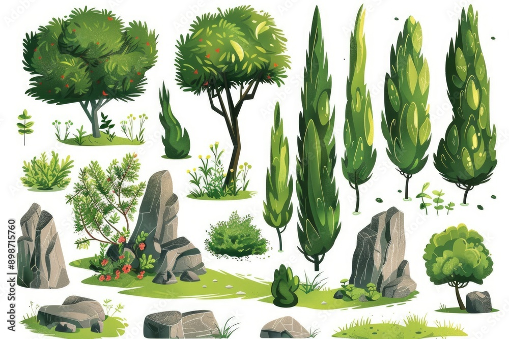 Poster a scene featuring various types of trees and rocky formations