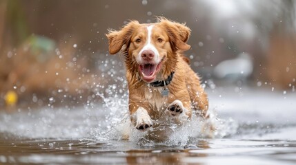 A joyful golden retriever is seen mid-action, splashing through a shallow puddle of water outdoors, capturing the playful and energetic spirit of dogs in an autumn setting.