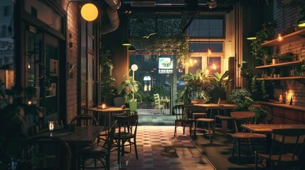 Cozy Cafe Interior with Warm Lighting