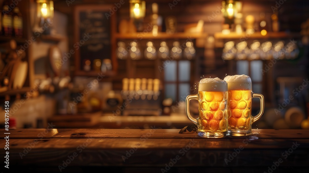 Poster two full beer mugs with foamy tops are placed on a wooden bar counter in a dimly lit pub. generative