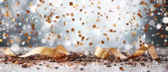  A tight shot of confetti scattered on a table, with more falling from above, and a layer covering the bottom