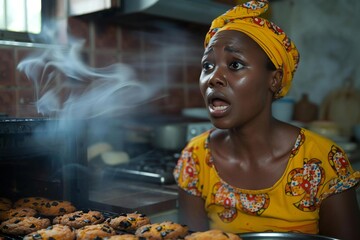 Beautiful African woman looks shocked as she gazes at the burnt cookies emitting smoke from the oven in her kitchen.