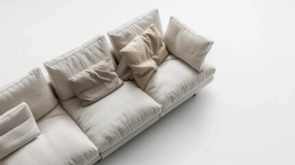 Obraz premium A white modular sectional sofa with beige pillows sits in a modern studio, bathed in natural light. Generative AI