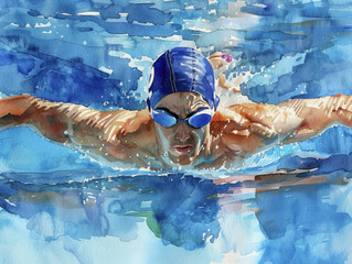 Watercolor Swimmer in Action