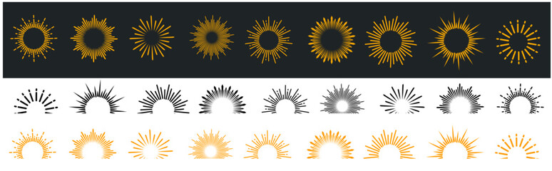 Collection of abstract boho sun, sunburst. Bohemian minimalist linear sunrise and sunset. Vector illustration