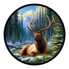 A circular 3D rendered watercolor painting of an Elk, isolated on a transparent background