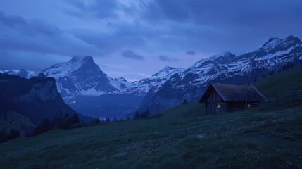 Cozy cabin in rural setting with surrounding mountains, ideal for rustic or countryside themed projects