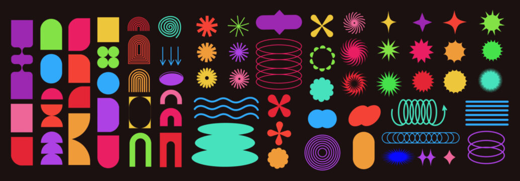 Brutalist abstract geometric shapes and grids. Brutal contemporary figure star oval spiral flower and other primitive elements. Swiss design aesthetic. Bauhaus memphis design.