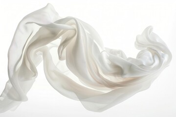 billowing white silk fabric frozen in graceful arc translucent folds catching light dynamic movement pure white background highkey studio lighting