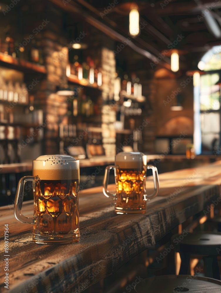 Poster two full beer mugs with foamy heads sit on a wooden bar counter in a rustic pub setting. generative 