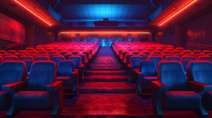 Fototapeta premium Empty movie theater with blue and red lighting is waiting for the audience to come and watch a movie