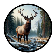 A circular 3D rendered watercolor painting of an Elk, isolated on a transparent background