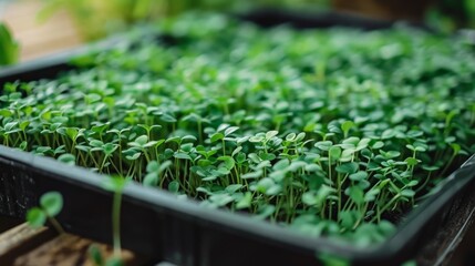 Tray of microgreens ready for harvesting, lush and dense green foliage,