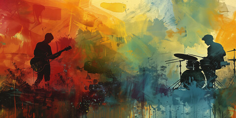 Pop rock music background banner or poster illustration. Music band concert with guitarist and drummer art abstract. Retro concept art style in red, blue and orange colors.