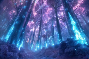 Obraz premium bioluminescent forest of alien crystal trees glowing fractals branch upwards ethereal mist and floating light particles create dreamy atmosphere