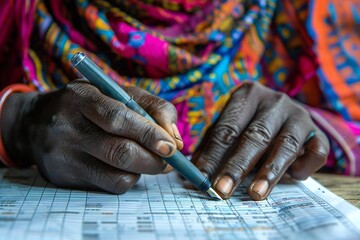 Beautiful African person filling out a blank weekly time sheet with a pen.