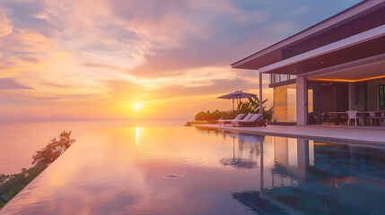 Fototapeta premium Ceiling fan luxury villa with infinity pool at sunset
