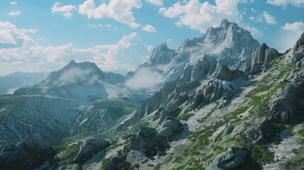 Naklejka premium A scenic view of a mountain range with clouds in the sky, suitable for use in nature or travel themes